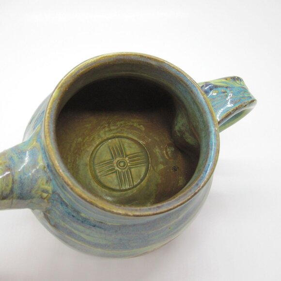 Handmade Ceramic Teapot Artisan Handle & Abstract Green Blue Swirl Glaze Signed - Picture 4 of 16